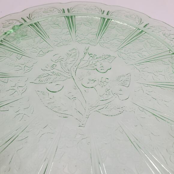 Jeannette Glass Green Depression 3-Footed Cake Plate Cherry Blossom Pattern Vtg - Picture 2 of 13
